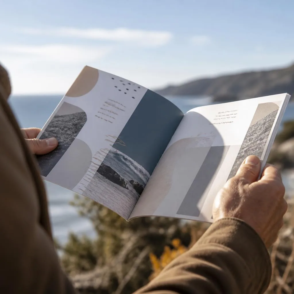 Illustrative view of a person holding a printed local guide with abstract marks