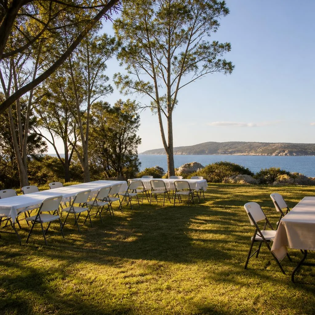 Illustrative coastal reserve setting with simple tables and chairs