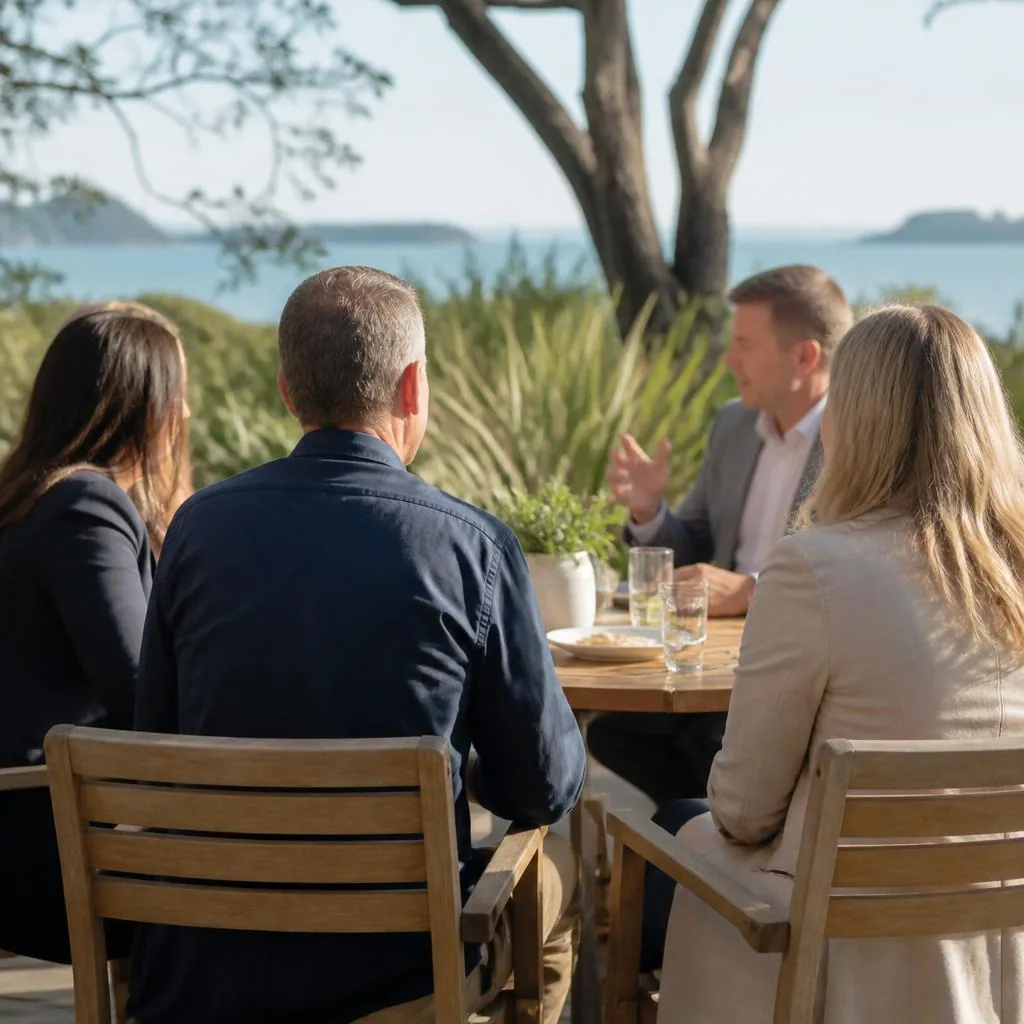 Illustrative view of business owners speaking at an outdoor table near the coast