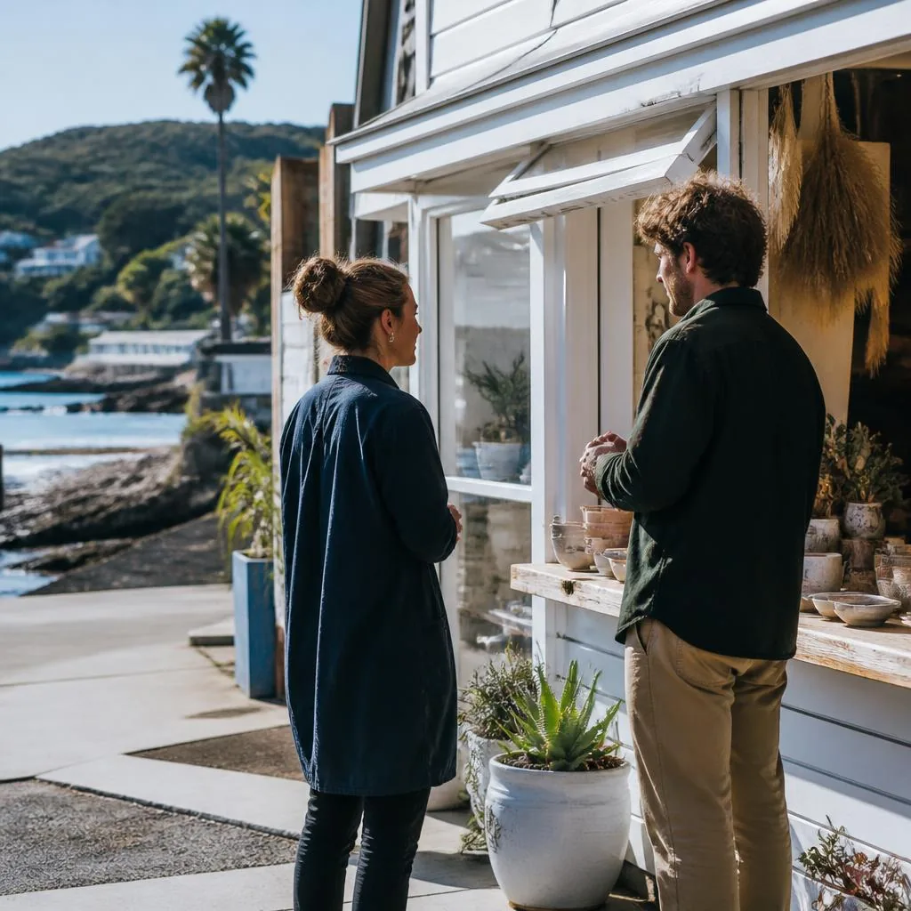 Illustrative conversation between two business owners near a coastal shop